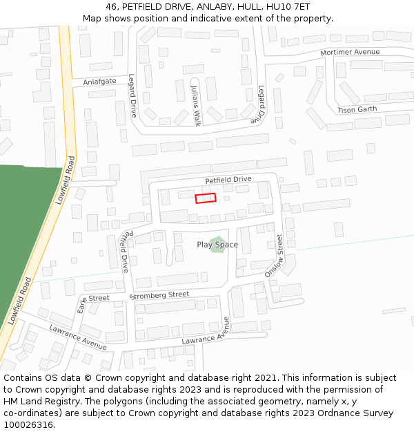 46, PETFIELD DRIVE, ANLABY, HULL, HU10 7ET: Location map and indicative extent of plot