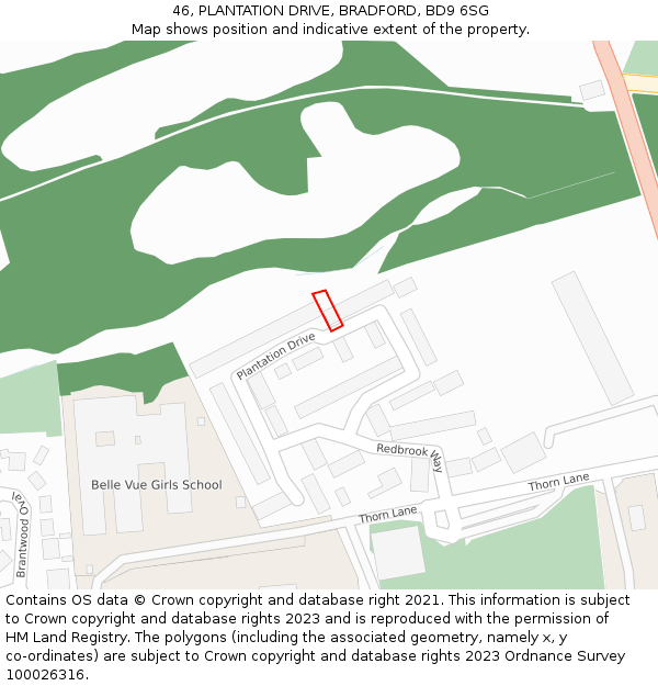 46, PLANTATION DRIVE, BRADFORD, BD9 6SG: Location map and indicative extent of plot