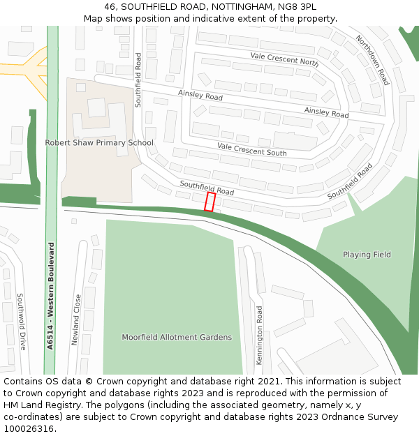 46, SOUTHFIELD ROAD, NOTTINGHAM, NG8 3PL: Location map and indicative extent of plot