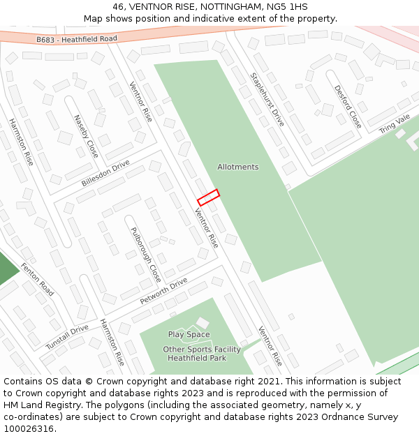46, VENTNOR RISE, NOTTINGHAM, NG5 1HS: Location map and indicative extent of plot
