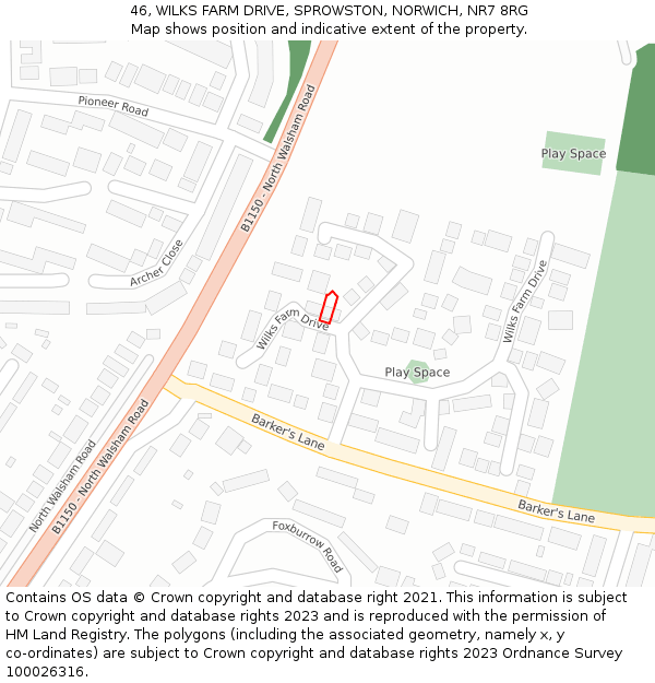 46, WILKS FARM DRIVE, SPROWSTON, NORWICH, NR7 8RG: Location map and indicative extent of plot