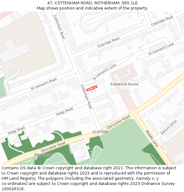 47, COTTENHAM ROAD, ROTHERHAM, S65 1LE: Location map and indicative extent of plot