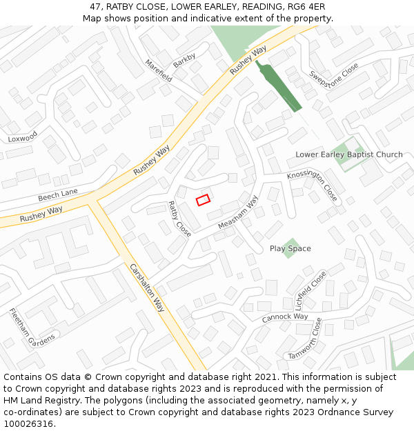 47, RATBY CLOSE, LOWER EARLEY, READING, RG6 4ER: Location map and indicative extent of plot