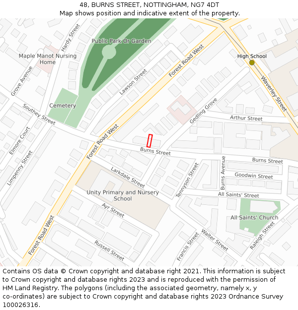 48, BURNS STREET, NOTTINGHAM, NG7 4DT: Location map and indicative extent of plot