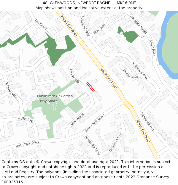 48, GLENWOODS, NEWPORT PAGNELL, MK16 0NE: Location map and indicative extent of plot