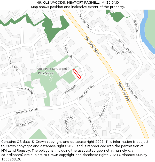 49, GLENWOODS, NEWPORT PAGNELL, MK16 0ND: Location map and indicative extent of plot
