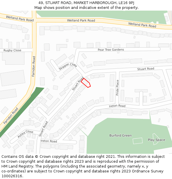 49, STUART ROAD, MARKET HARBOROUGH, LE16 9PJ: Location map and indicative extent of plot