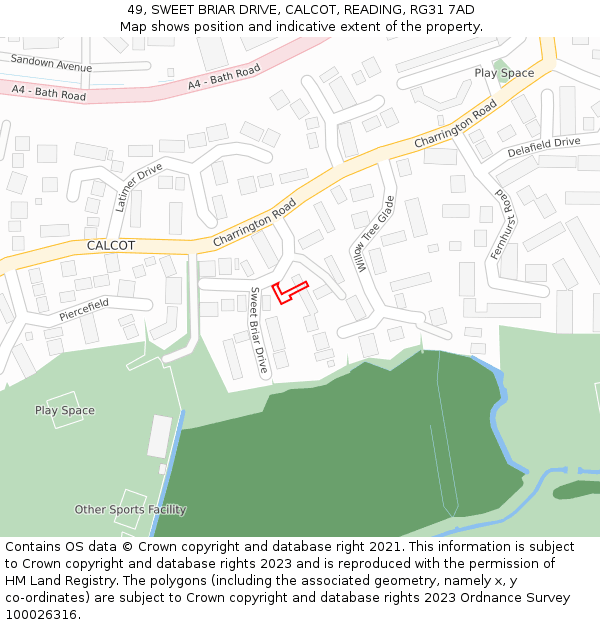 49, SWEET BRIAR DRIVE, CALCOT, READING, RG31 7AD: Location map and indicative extent of plot