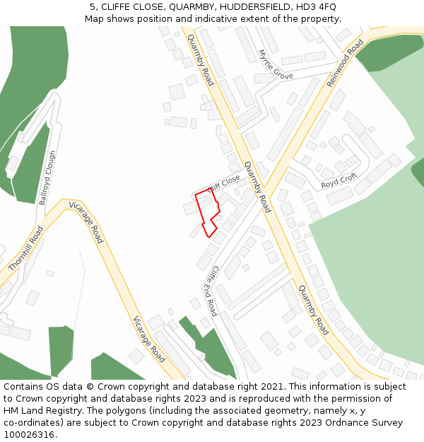 5, CLIFFE CLOSE, QUARMBY, HUDDERSFIELD, HD3 4FQ: Location map and indicative extent of plot