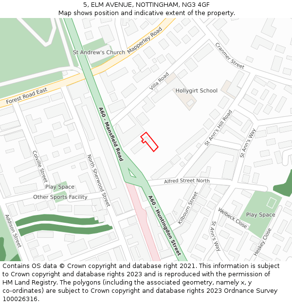 5, ELM AVENUE, NOTTINGHAM, NG3 4GF: Location map and indicative extent of plot