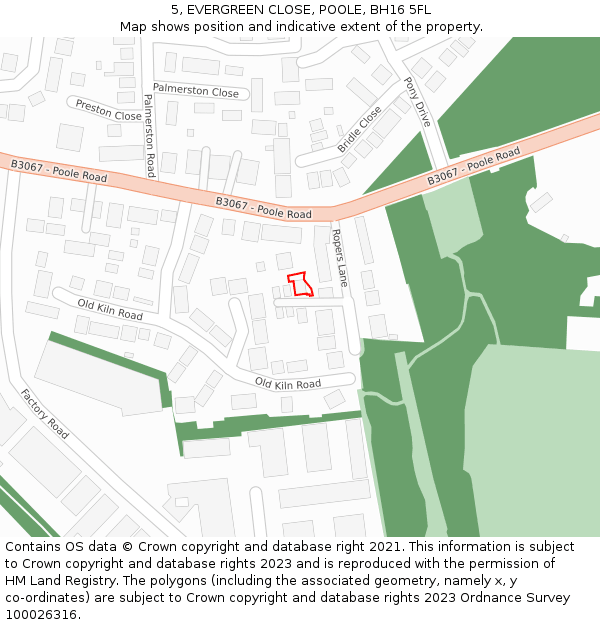 5, EVERGREEN CLOSE, POOLE, BH16 5FL: Location map and indicative extent of plot
