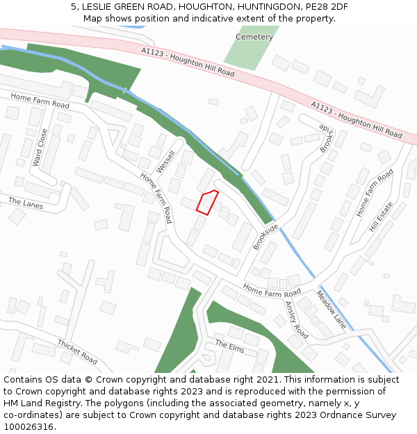 5, LESLIE GREEN ROAD, HOUGHTON, HUNTINGDON, PE28 2DF: Location map and indicative extent of plot