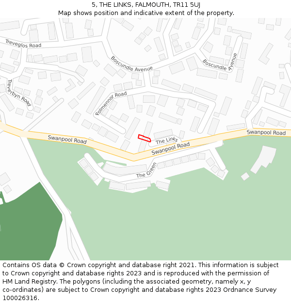 5, THE LINKS, FALMOUTH, TR11 5UJ: Location map and indicative extent of plot