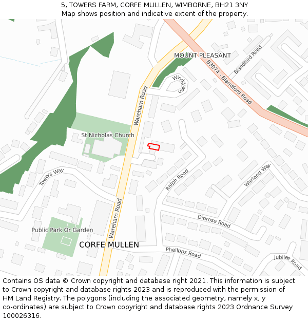 5, TOWERS FARM, CORFE MULLEN, WIMBORNE, BH21 3NY: Location map and indicative extent of plot