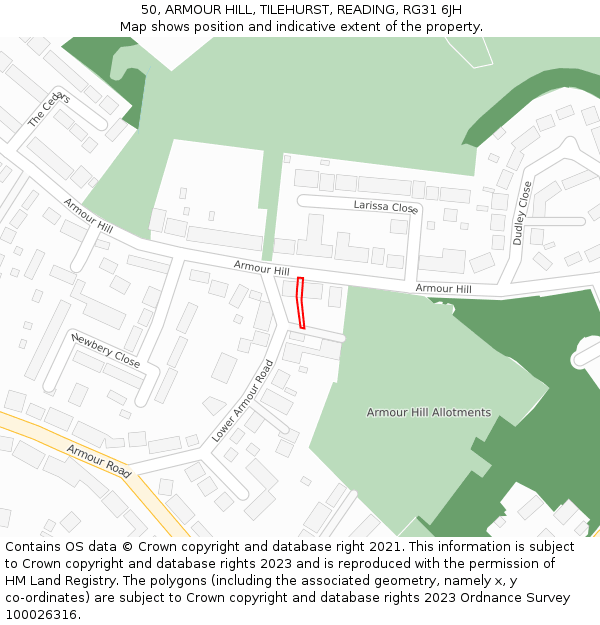 50, ARMOUR HILL, TILEHURST, READING, RG31 6JH: Location map and indicative extent of plot