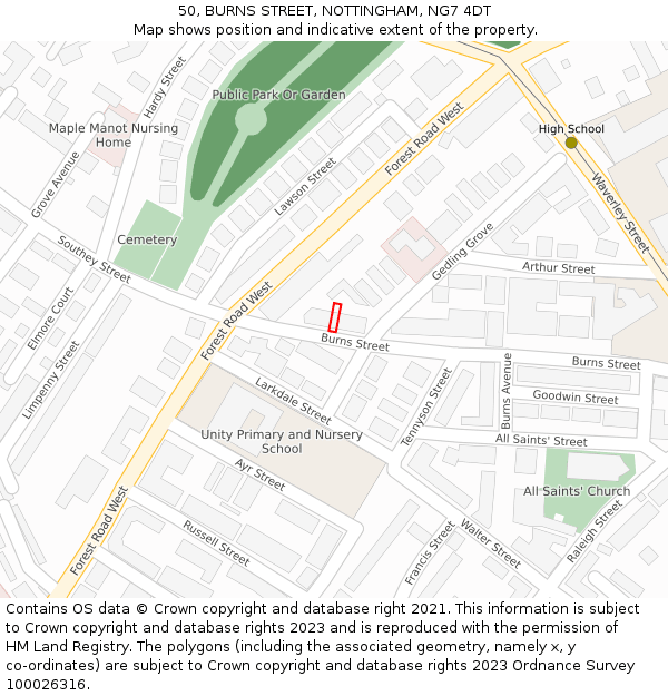 50, BURNS STREET, NOTTINGHAM, NG7 4DT: Location map and indicative extent of plot