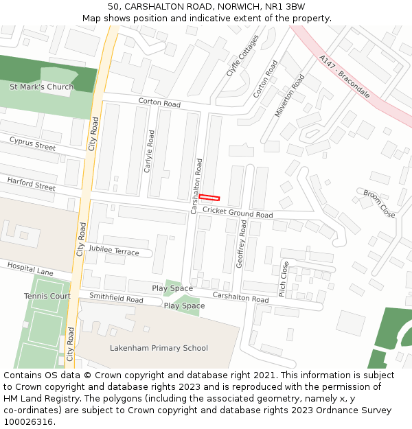 50, CARSHALTON ROAD, NORWICH, NR1 3BW: Location map and indicative extent of plot