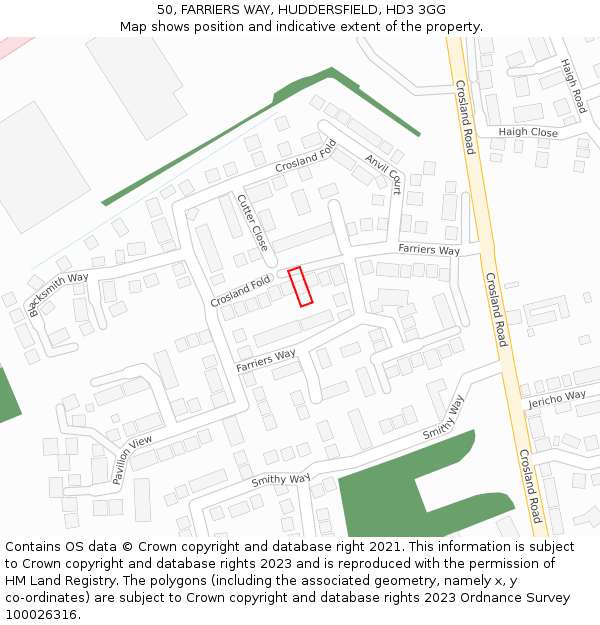 50, FARRIERS WAY, HUDDERSFIELD, HD3 3GG: Location map and indicative extent of plot