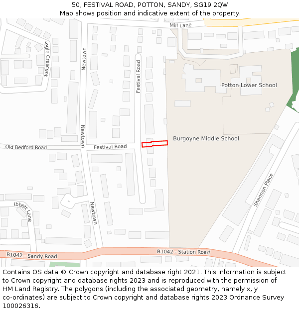 50, FESTIVAL ROAD, POTTON, SANDY, SG19 2QW: Location map and indicative extent of plot