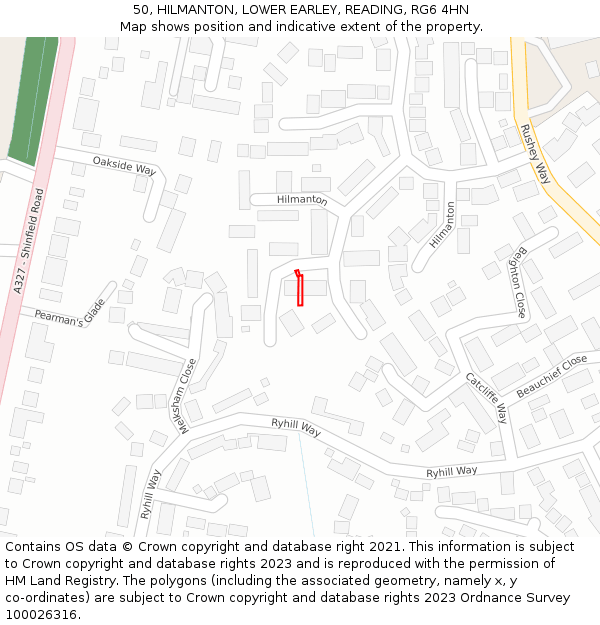 50, HILMANTON, LOWER EARLEY, READING, RG6 4HN: Location map and indicative extent of plot