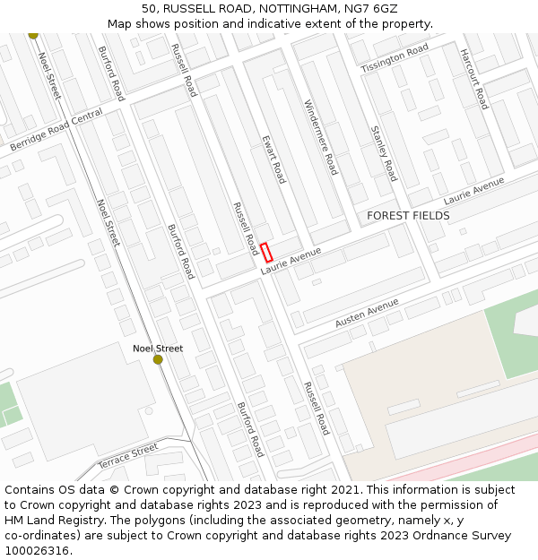 50, RUSSELL ROAD, NOTTINGHAM, NG7 6GZ: Location map and indicative extent of plot