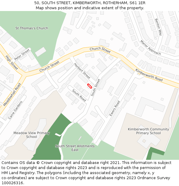 50, SOUTH STREET, KIMBERWORTH, ROTHERHAM, S61 1ER: Location map and indicative extent of plot