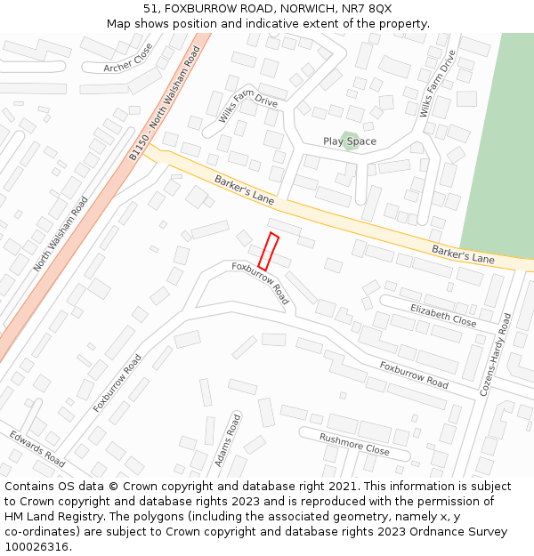 51, FOXBURROW ROAD, NORWICH, NR7 8QX: Location map and indicative extent of plot