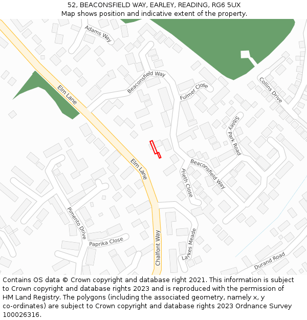 52, BEACONSFIELD WAY, EARLEY, READING, RG6 5UX: Location map and indicative extent of plot