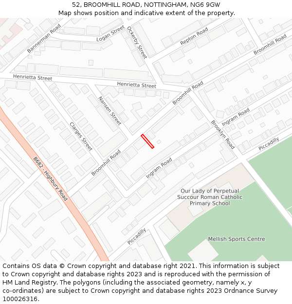52, BROOMHILL ROAD, NOTTINGHAM, NG6 9GW: Location map and indicative extent of plot