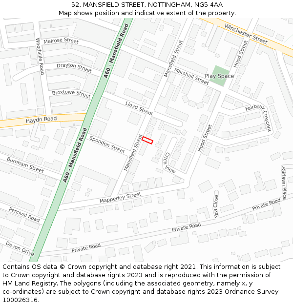 52, MANSFIELD STREET, NOTTINGHAM, NG5 4AA: Location map and indicative extent of plot