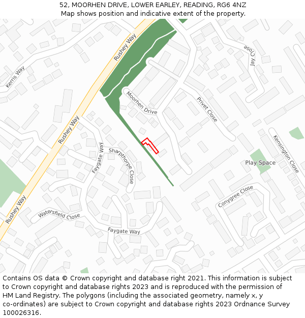 52, MOORHEN DRIVE, LOWER EARLEY, READING, RG6 4NZ: Location map and indicative extent of plot
