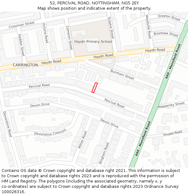 52, PERCIVAL ROAD, NOTTINGHAM, NG5 2EY: Location map and indicative extent of plot