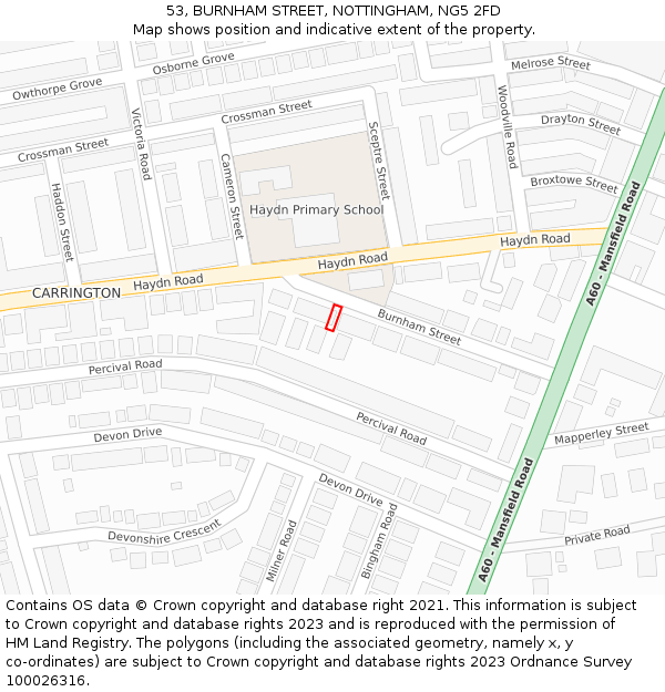 53, BURNHAM STREET, NOTTINGHAM, NG5 2FD: Location map and indicative extent of plot