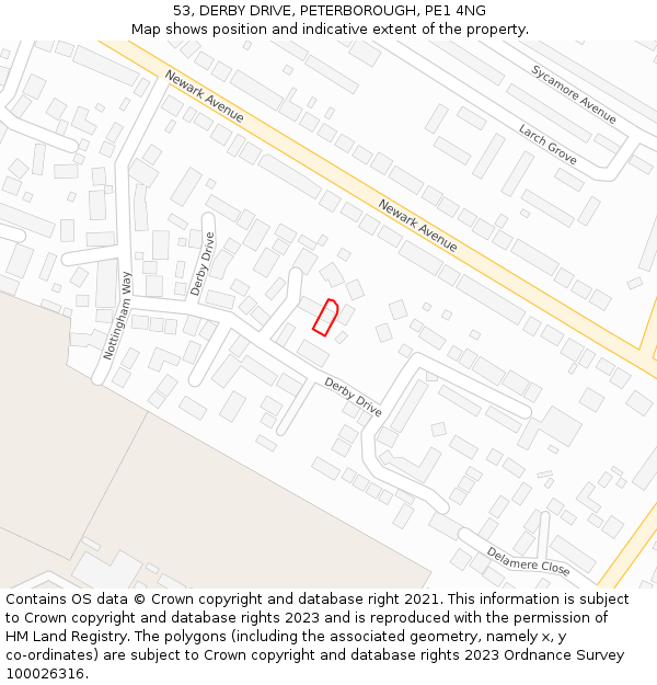 53, DERBY DRIVE, PETERBOROUGH, PE1 4NG: Location map and indicative extent of plot