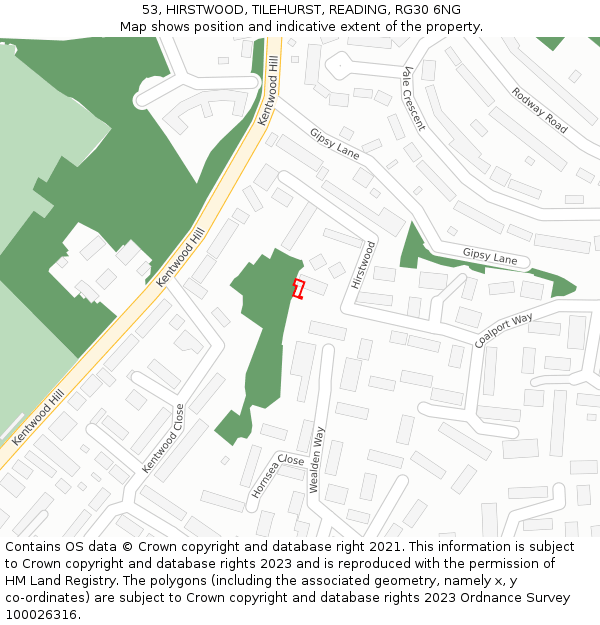 53, HIRSTWOOD, TILEHURST, READING, RG30 6NG: Location map and indicative extent of plot