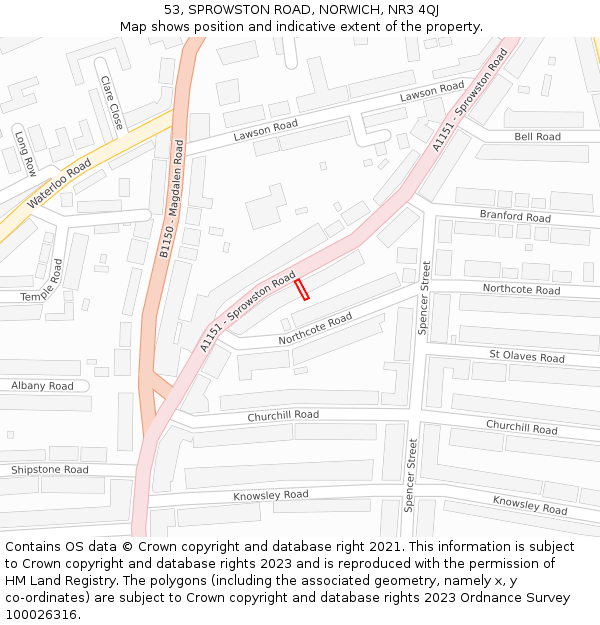 53, SPROWSTON ROAD, NORWICH, NR3 4QJ: Location map and indicative extent of plot