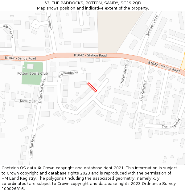 53, THE PADDOCKS, POTTON, SANDY, SG19 2QD: Location map and indicative extent of plot