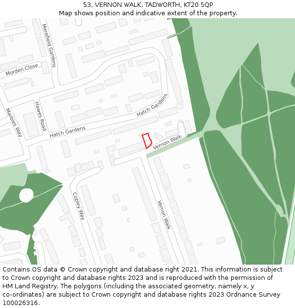 53, VERNON WALK, TADWORTH, KT20 5QP: Location map and indicative extent of plot