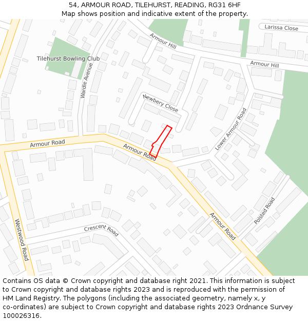 54, ARMOUR ROAD, TILEHURST, READING, RG31 6HF: Location map and indicative extent of plot