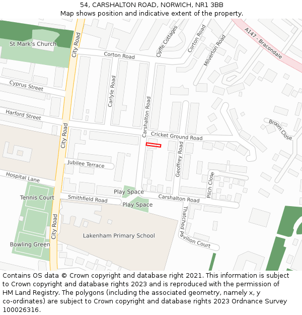 54, CARSHALTON ROAD, NORWICH, NR1 3BB: Location map and indicative extent of plot