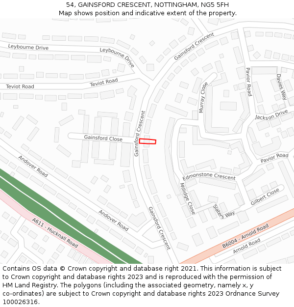 54, GAINSFORD CRESCENT, NOTTINGHAM, NG5 5FH: Location map and indicative extent of plot