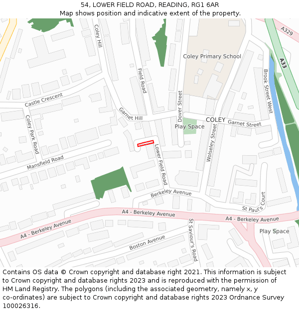 54, LOWER FIELD ROAD, READING, RG1 6AR: Location map and indicative extent of plot