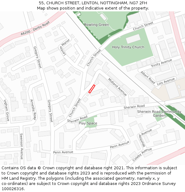 55, CHURCH STREET, LENTON, NOTTINGHAM, NG7 2FH: Location map and indicative extent of plot