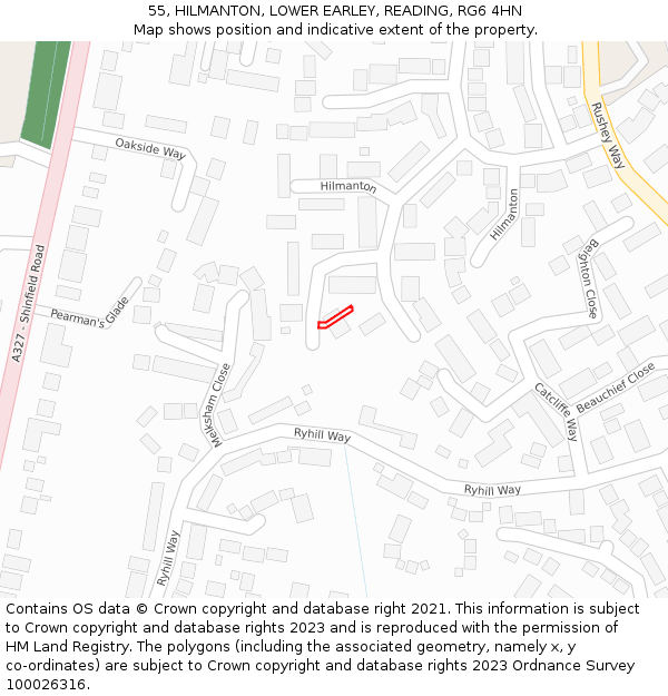 55, HILMANTON, LOWER EARLEY, READING, RG6 4HN: Location map and indicative extent of plot