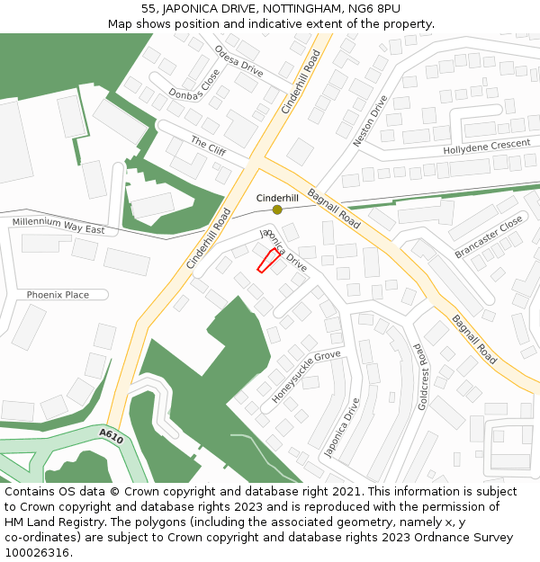 55, JAPONICA DRIVE, NOTTINGHAM, NG6 8PU: Location map and indicative extent of plot