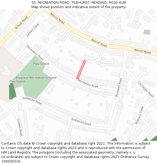 55, RECREATION ROAD, TILEHURST, READING, RG30 4UB: Location map and indicative extent of plot