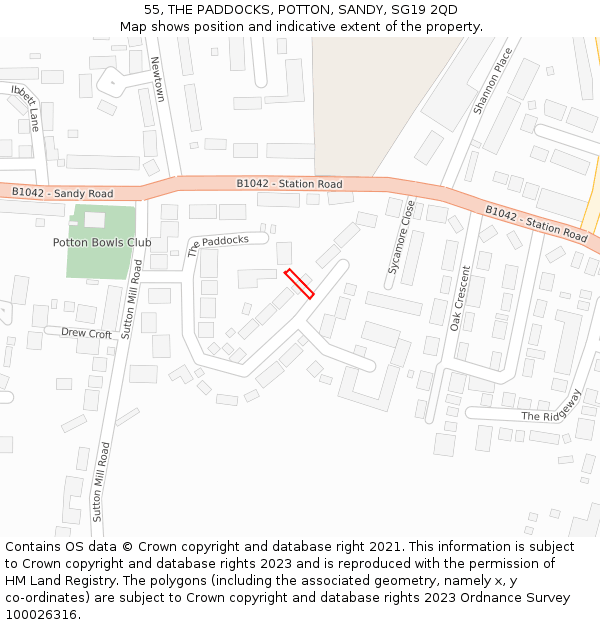 55, THE PADDOCKS, POTTON, SANDY, SG19 2QD: Location map and indicative extent of plot