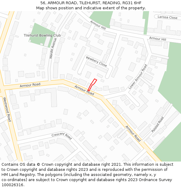 56, ARMOUR ROAD, TILEHURST, READING, RG31 6HF: Location map and indicative extent of plot