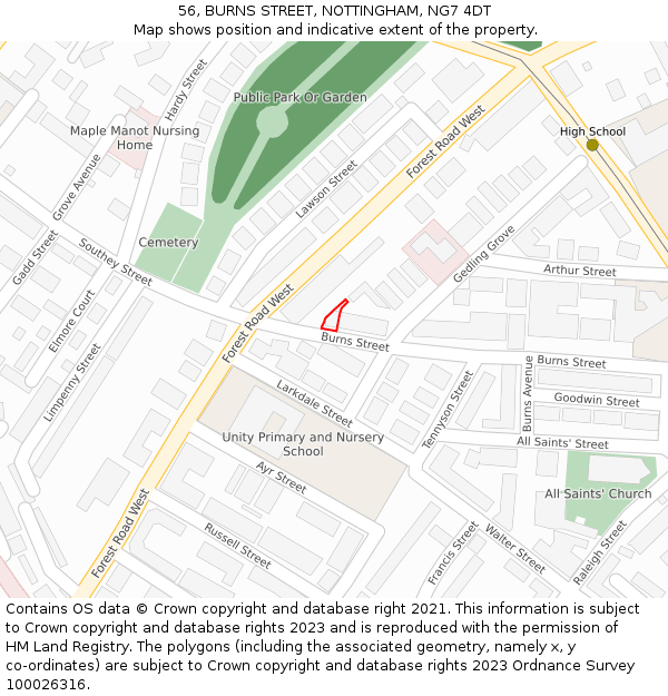 56, BURNS STREET, NOTTINGHAM, NG7 4DT: Location map and indicative extent of plot