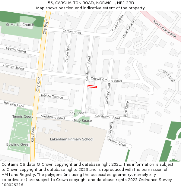 56, CARSHALTON ROAD, NORWICH, NR1 3BB: Location map and indicative extent of plot